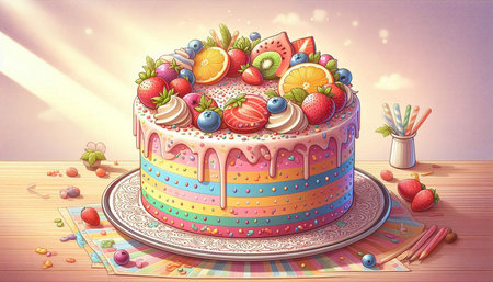 Birthday cake with fruits and berries on wooden table, 3D illustration