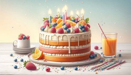 Birthday cake with candles and fruits on the table. 3d illustrationの写真素材