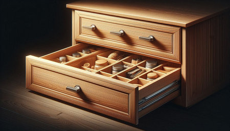 3d rendering of an open wooden drawer with a set of coins