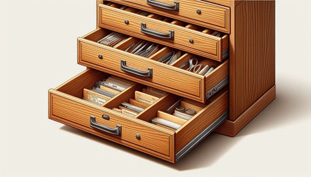 3D rendering of an open drawer with documents on a white backgroundの写真素材