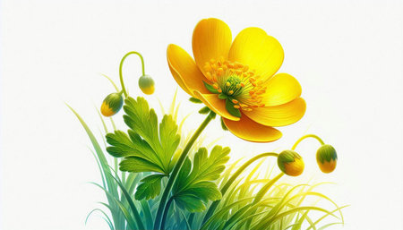 Spring background with yellow anemone flowers and green grass on white