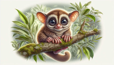 Cute baby lemur on a tree branch. Vector illustration.