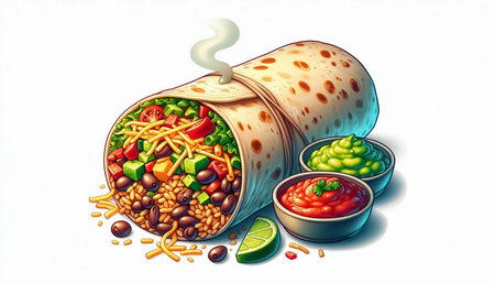 Mexican burrito with meat, beans, cheese and vegetables. Vector illustrationの写真素材