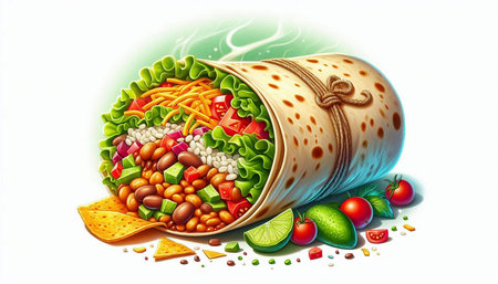 Mexican burrito with ingredients on white background. Vector illustration.の写真素材
