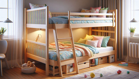 Children's room interior with wooden bunk beds. 3d render.