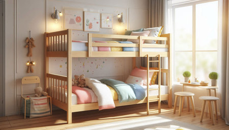 3d rendering of a children's room interior with a bunk bed