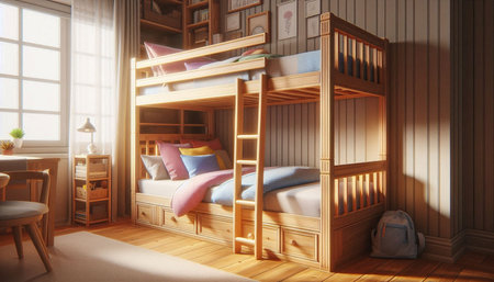 3d rendering of a wooden bunk bed in a children's room