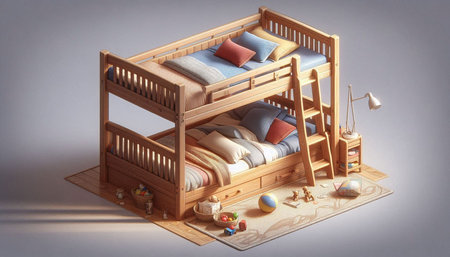 Children's wooden bunk beds with pillows. 3d illustration.