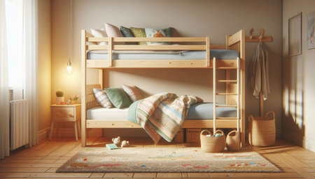 Bunk bed with pillows and plaid in children's room
