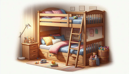 Illustration of a wooden bunk bed in a children's room.