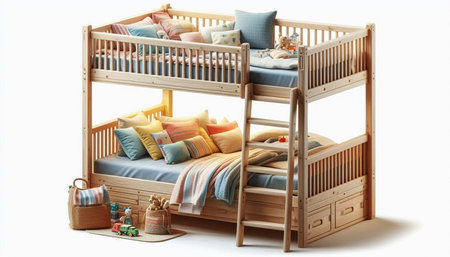 Children's wooden bunk bed with colorful pillows on a white background