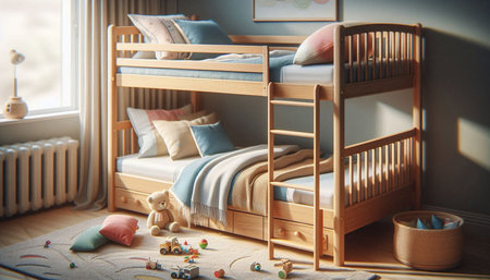 Children's room with wooden bunk beds and toys. Interior design.