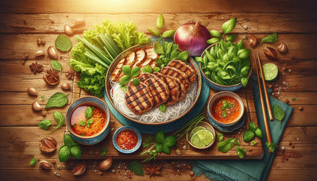 Ramen noodle soup with grilled pork and vegetables on wooden background