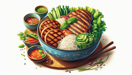 Bowl of asian noodle soup with grilled meat and vegetableの写真素材