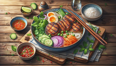 Ramen noodle soup with chicken and vegetables on wooden background.