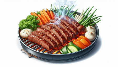 Beef barbecue with vegetables on a grill, 3d illustration.