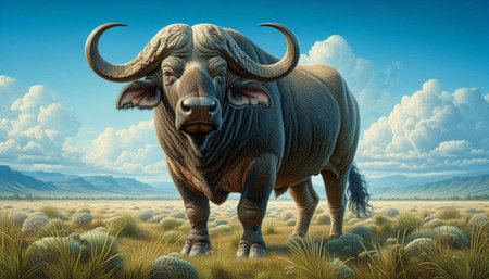 Buffalo in the grassland. 3D rendering. Computer digital drawing.