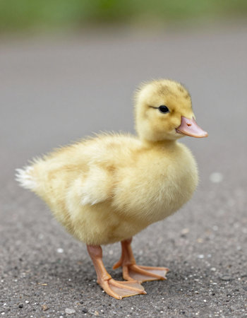 Yellow duckling standing on the asphalt. Close-up photo.の写真素材