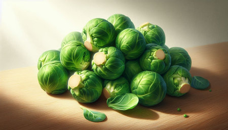 Brussels sprouts on a wooden table, close-up