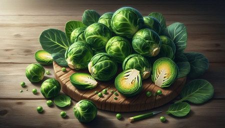 Brussels sprouts with green leaves on wooden cutting board.
