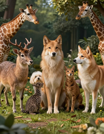 group of wild animals in a zoo. close-up portrait.の写真素材