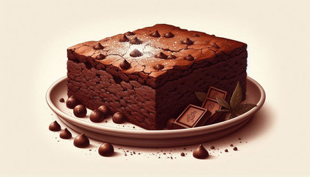 Chocolate cake with chocolate chips on a plate. 3d illustration