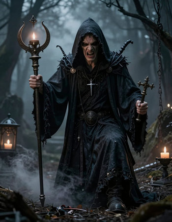Portrait of a man in death costume holding a scythe in the dark forest