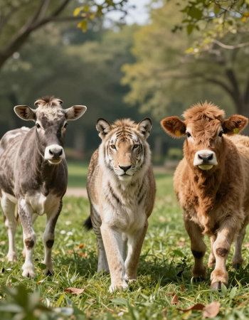 Three animals in a meadow looking at the camera