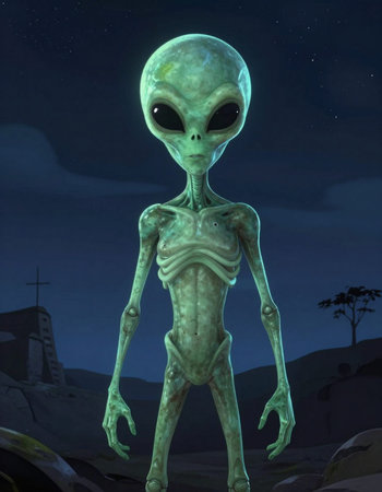 3D rendering of a green alien in the starry sky.