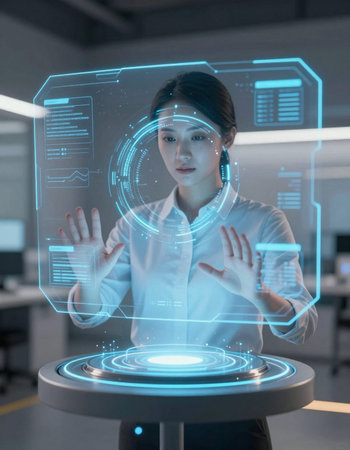 businesswoman working with futuristic hologram in modern office, future technology concept