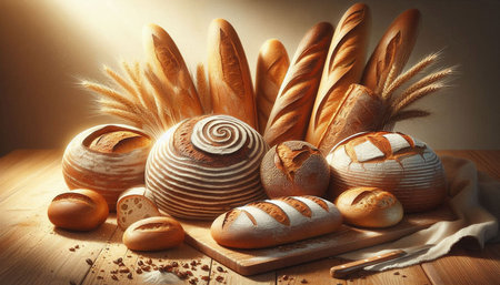 Variety of baked bread on wooden table. Bakery background.