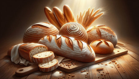 Composition with bread and wheat ears on wooden table. 3d render