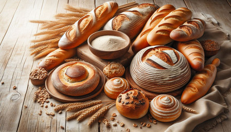 Assortment of baked bread on wooden table background. Top view with copy space