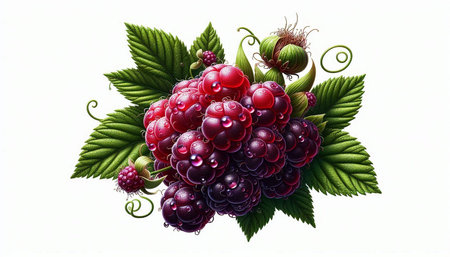 Bunch of blackberries with green leaves on a white background.