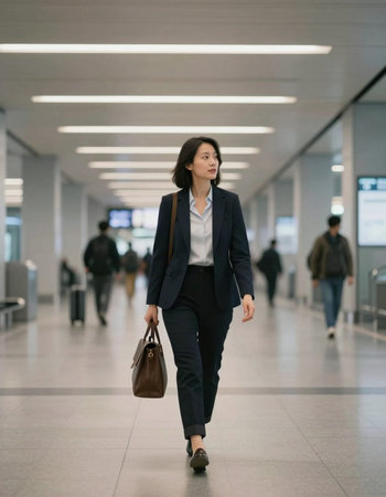 Businesswoman walking in the corridor of a modern office building, asianの写真素材