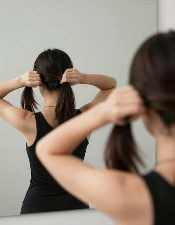 Woman scratching her hair in front of a mirror, rear view.