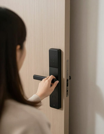Woman using a digital door lock to unlock the door at home.