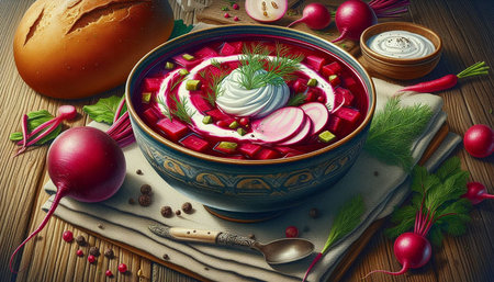 Traditional ukrainian beetroot soup with sour cream and dill
