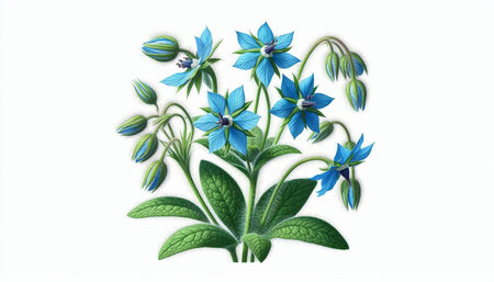 Blue flowers of borage on a white background. Vector illustration.