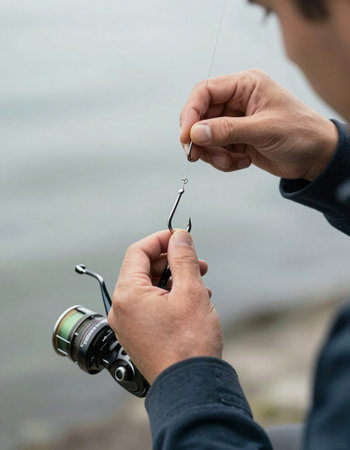 Close-up of a fisherman holding a fishing rod in his hands