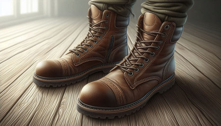 Men's leather boots on a wooden floor. 3d illustration.