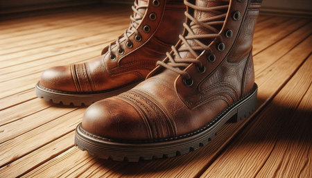 Stylish boots on wooden floor, closeup. Fashionable footwear