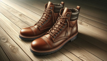 High resolution image boots. 3d illustration over  wooden background.
