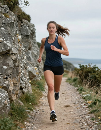 Young woman running on a trail in the countryside, wearing sportswear