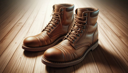 Pair of brown leather boots on wooden background. 3d render