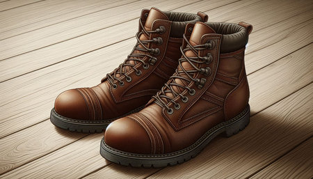 Men's winter boots on a wooden background. 3d illustration.