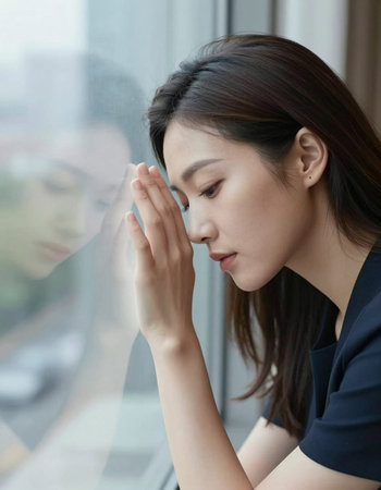 Woman looking through the window, closeup of her face, asian