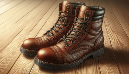 Pair of brown leather boots on wooden background. 3d illustration