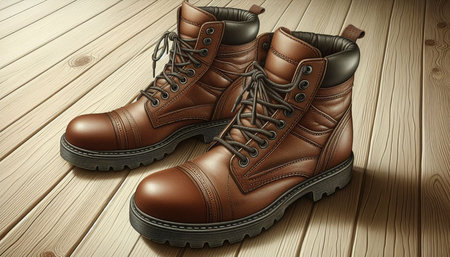 Pair of brown boots on a wooden background. 3d rendering