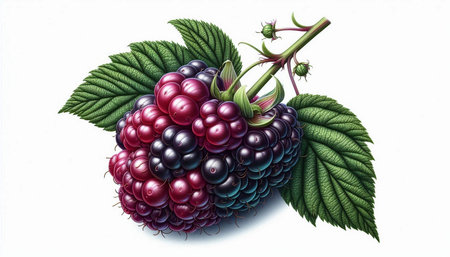 Illustration of a blackberry with leaves on a white background.